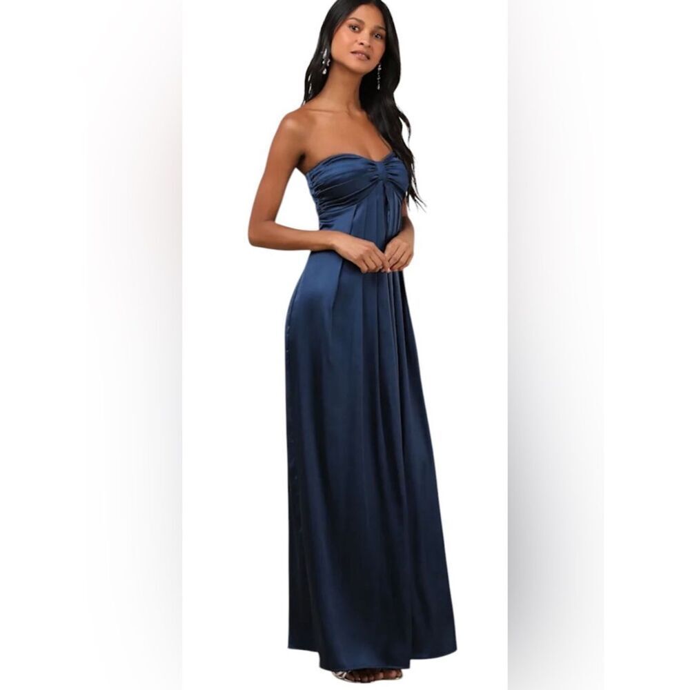 Lulus Memorable Entrance Dark Blue
Strapless Satin Maxi Dress Size L NWT